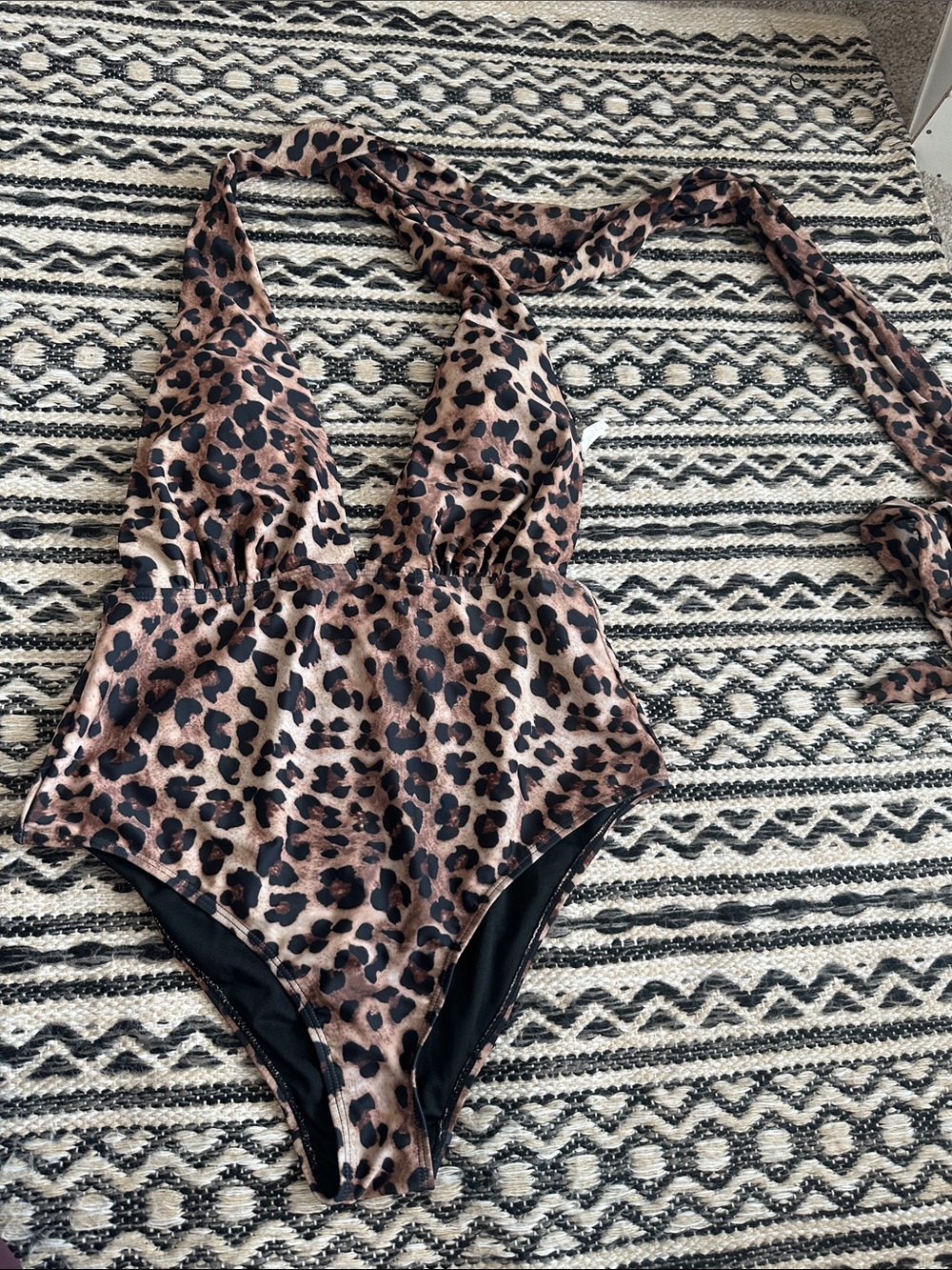 Leopard Print One-Piece Halter Swimsuit - Brown & Black